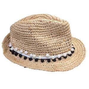 Anthropologie Tracy Watts Handmade Pom Pom-Trimmed Raffia Fedora OSFA